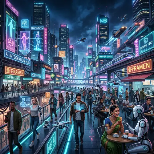 Futuristic Cityscape Integrating Humans & AI | Cyberpunk Aesthetics
