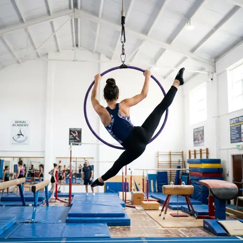 Teenage Middle-Eastern Girl Aerial Gymnastics in White Gym