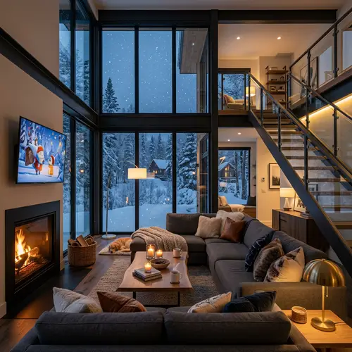 Modern Two-Storied Living Room with Snowy Landscape Views