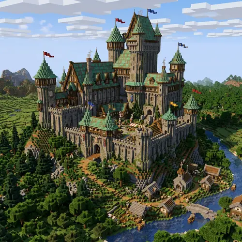 Medieval Castle on Hill with Copper Roof in Minecraft