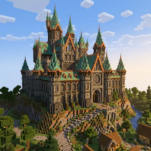 Gothic Castle on Hill with Copper Roofs in Minecraft 1.20