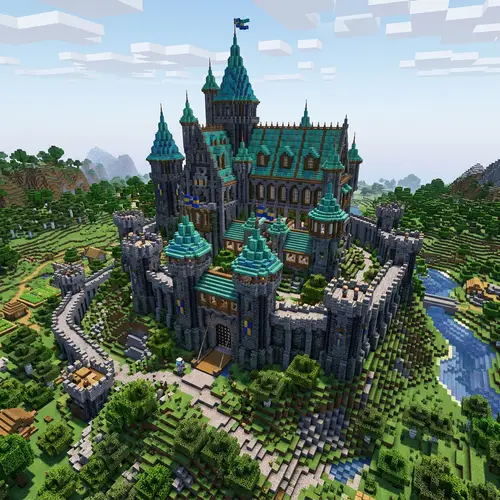 Large Medieval Castle with Oxidized Copper Roofs in Minecraft 1.20