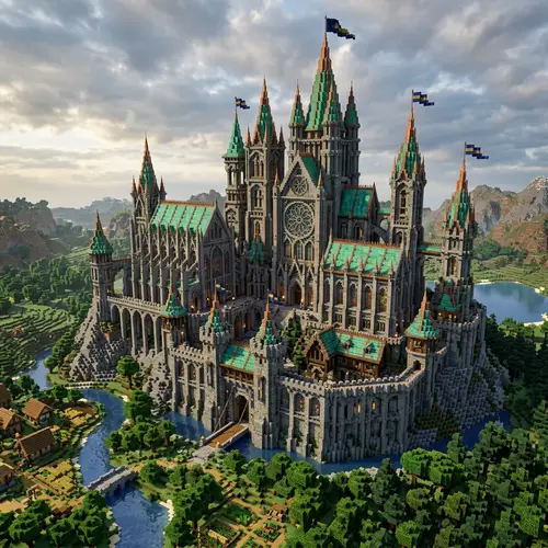 Grand Gothic Medieval Modern Castle with Copper Roofing in Minecraft HD