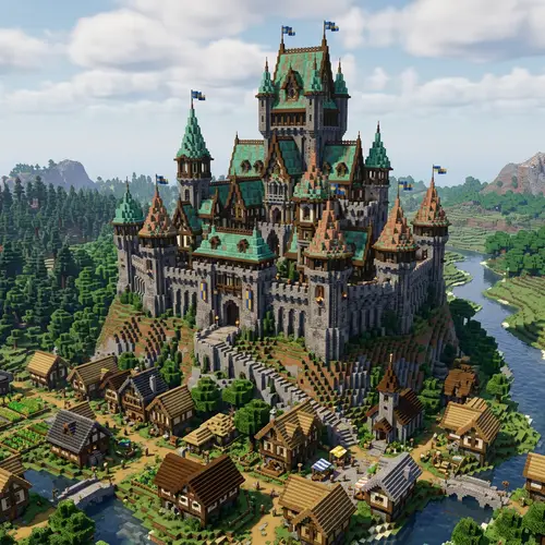 Large Minecraft 1.20 Castle with Copper Roofs | Village Setting