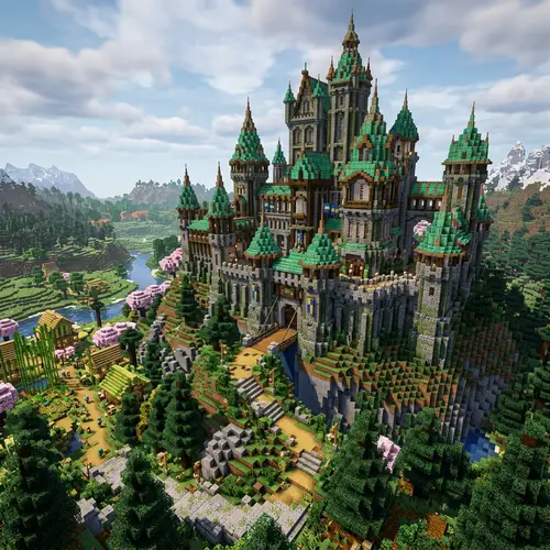 Large Castle on Hill with Oxidized Copper Roofs in Minecraft 1.20