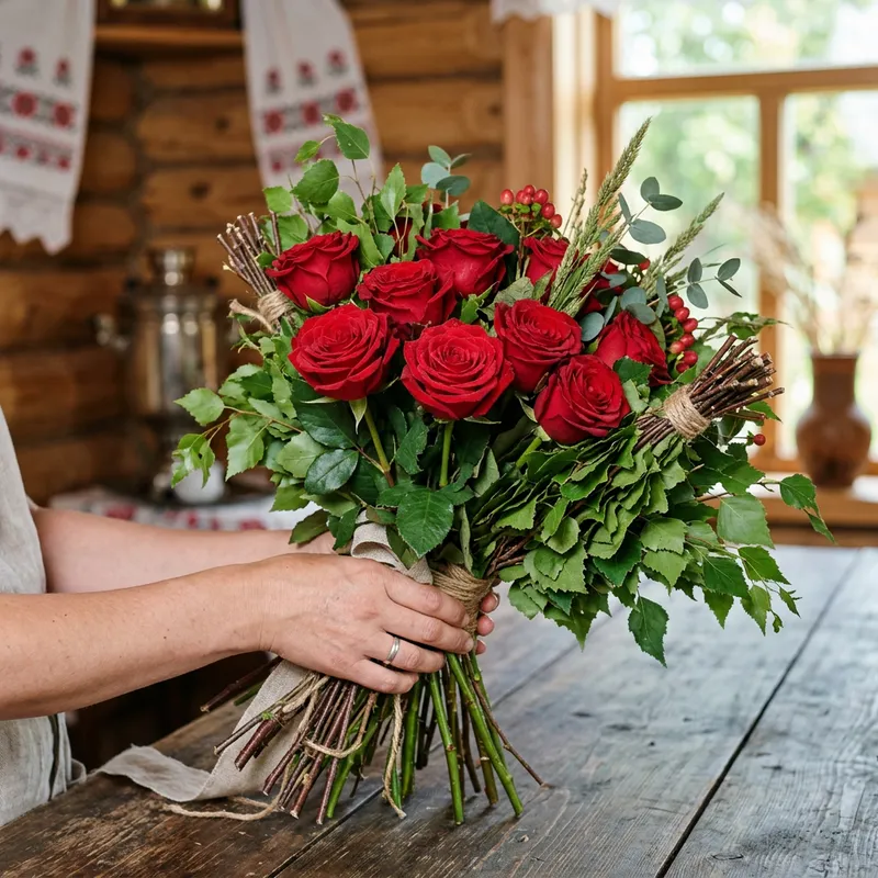 Rustic Red Roses & Birch Twig Brooms Bouquet