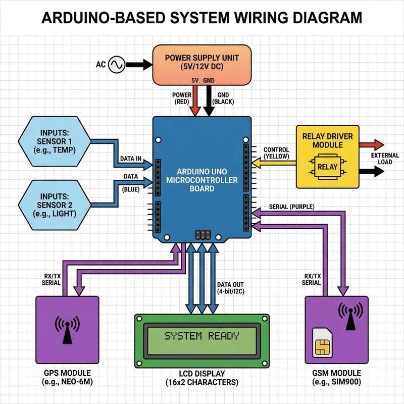 Block Diagram of Inputs: Powersupply, Relay Driver, LCD Display, GPS & GSM to Arduino