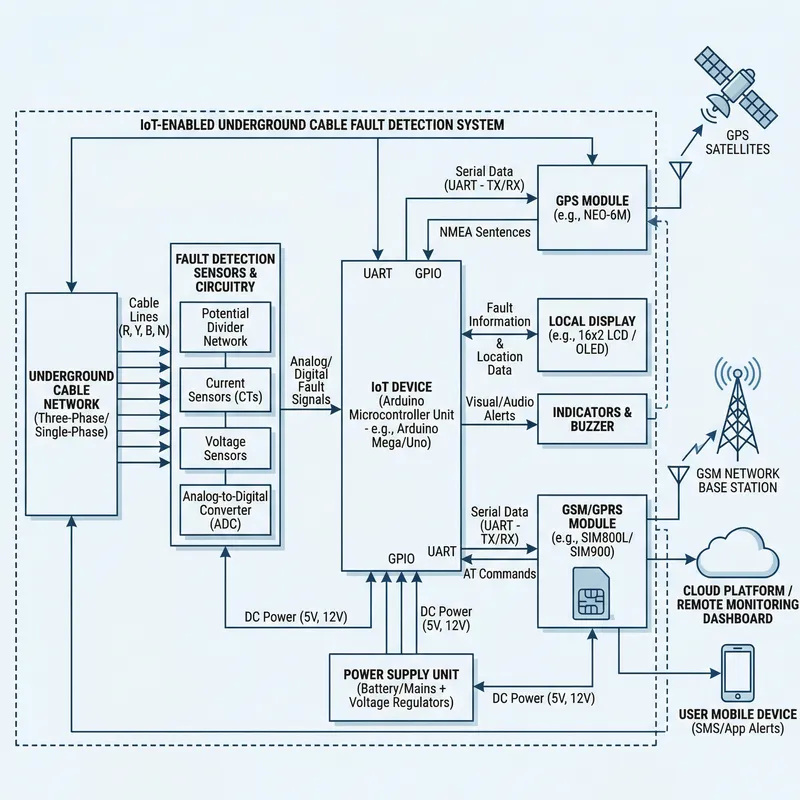 Block Diagram: IOT Underground Cable Fault Detection System with GSM & GPS Integration