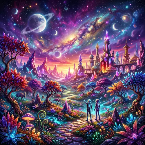 Alien World with Vibrant Colors and Fantasy Towers