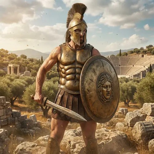 Ancient Greek Gladiator | Traditional Weaponry & Imposing Stance