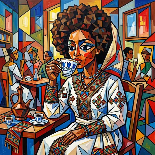 Ethiopian Woman in Cubist Painting Sipping Coffee | Geometric Embroidered Attire
