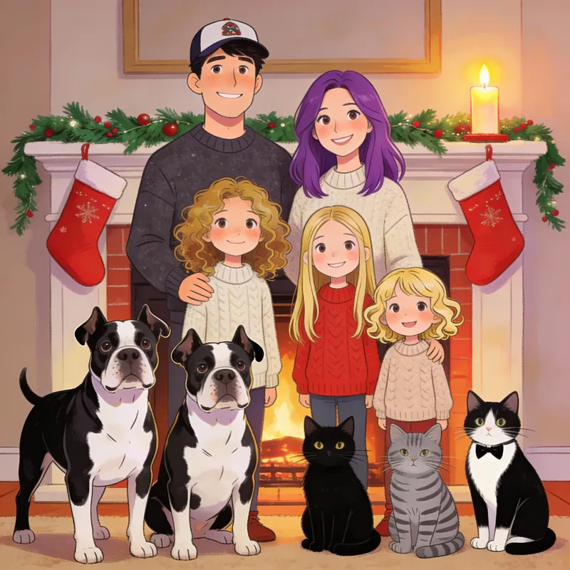 Cute Cartoon Family by the Christmas Fireplace Cute Cartoon Family by the Christmas Fireplace