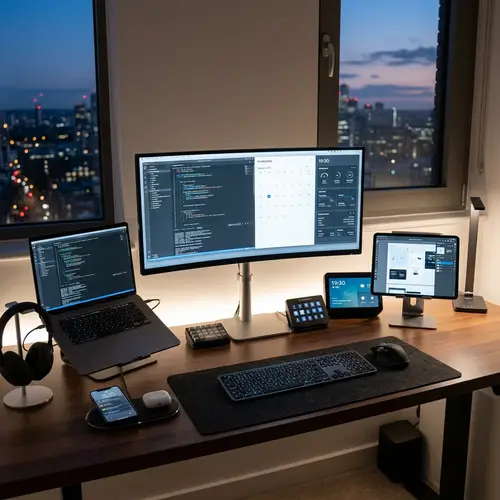 Futuristic Digital Desk Setup with State-of-the-Art Technology