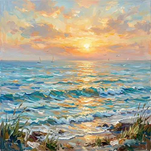 Impressionistic Ocean Painting - Serene Vista with Blues and Teals