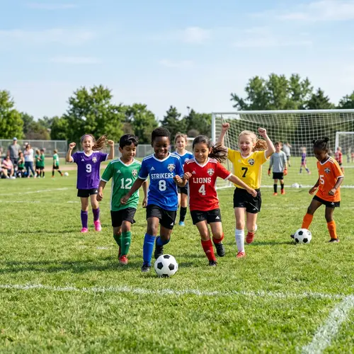 Diverse Children Joyfully Playing Soccer on Grass Field