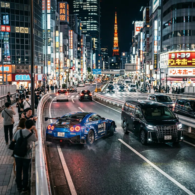 Intense Tokyo Night Race: Tuned Nissan GT-R Overtaking with Cityscape
