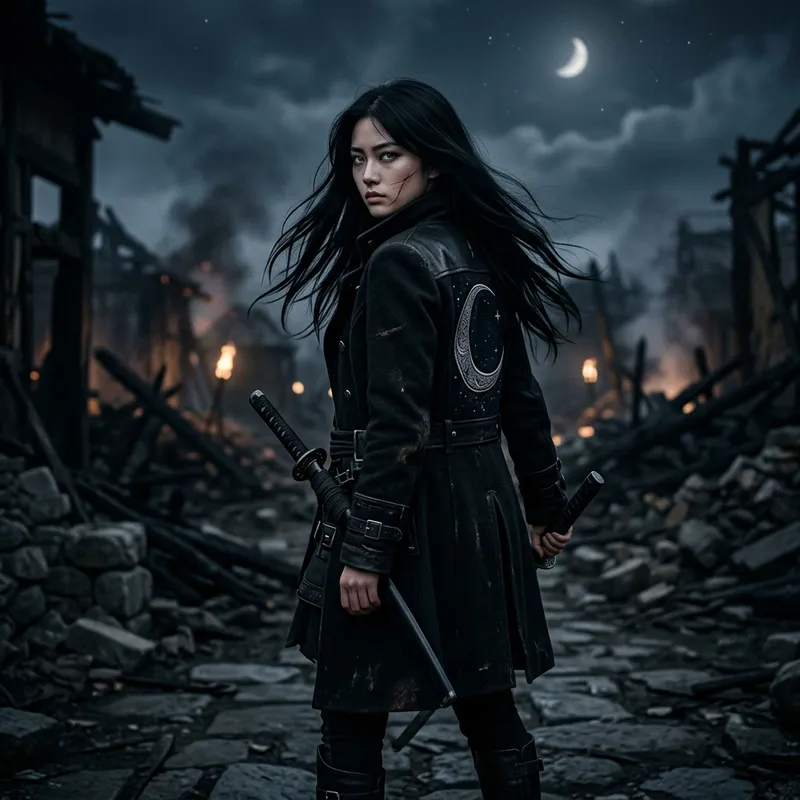 Kagami - Mysterious Beauty with Black Hair, Silver Eyes, and Crescent Moon Coat