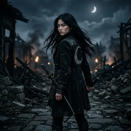 Kagami - Beautiful Young Woman with Black Hair and Crescent Moon Coat