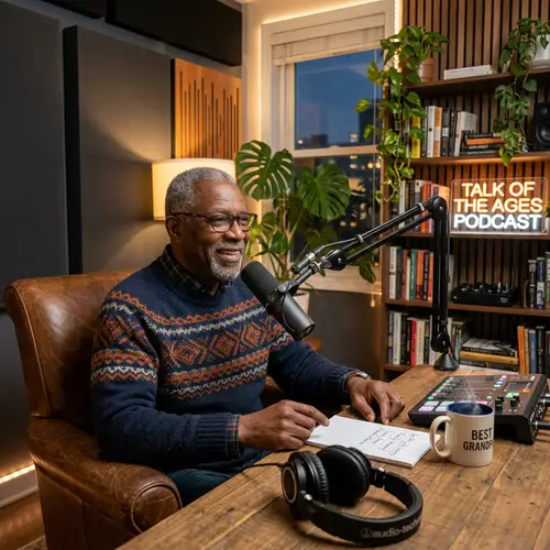 Realistic Podcast Room with Elderly Man