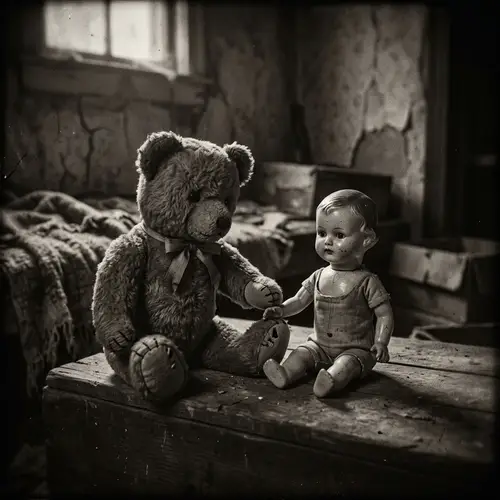 Ominous Teddy Bear and Doll Scene in Vintage Style