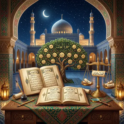 Islamic Inheritance Law: Antique Documents, Justice Scales, Family Legacy