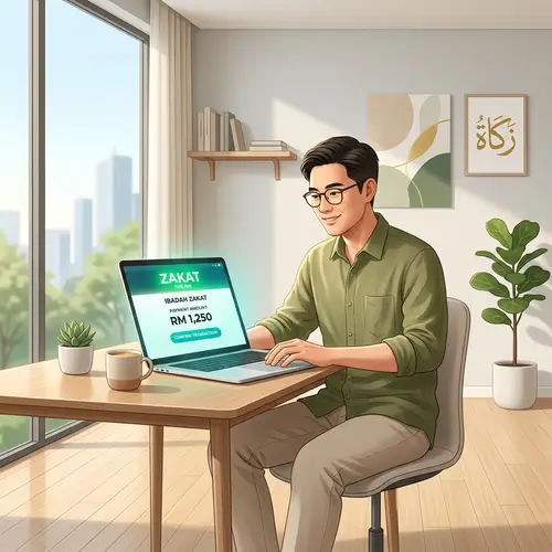 Ibadah Zakat Illustration: Online Charity in Minimalist Setting