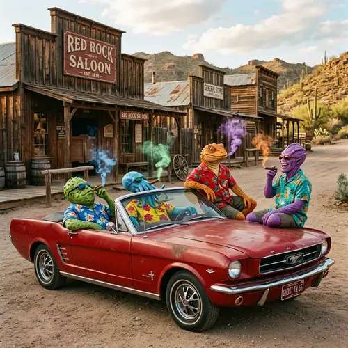 Quirky Aliens Relaxing on 1965 Ford Mustang in Western Ghost Town