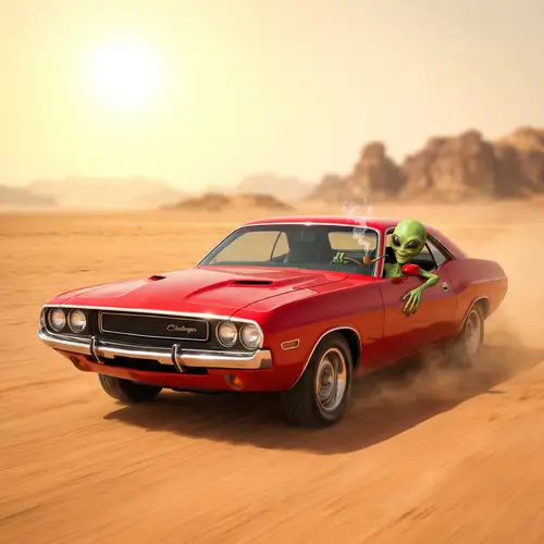 Vintage Muscle Car with Alien Driver in Desert | Surreal Scene