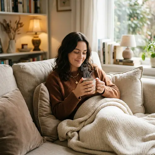 Cozy Lifestyle: Brunette Model on Plush Sofa