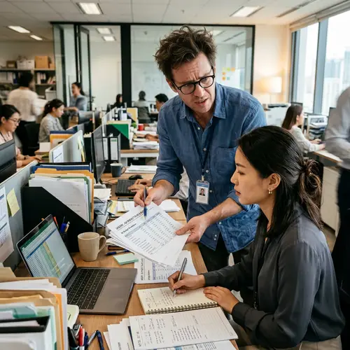 Office Collaboration: Frazzled Man Helping Woman with Task