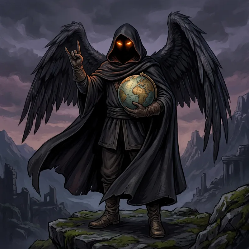 Enigmatic Baphomet: Cloaked in Black, Wings, Orange Eyes