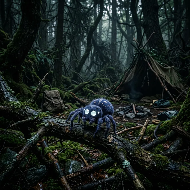 Webber: Fantasy Spider-Like Creature in Wilderness Scene Webber: Fantasy Spider-Like Creature in Wilderness Scene