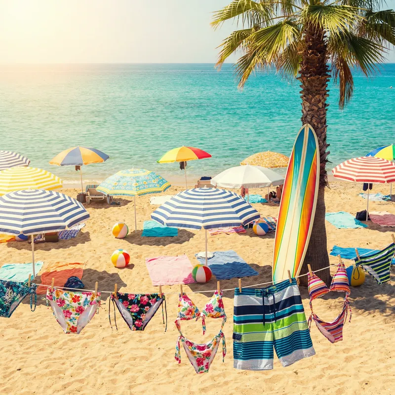 Breathtaking Bikini Beach Scene: Umbrellas, Surfboard & More