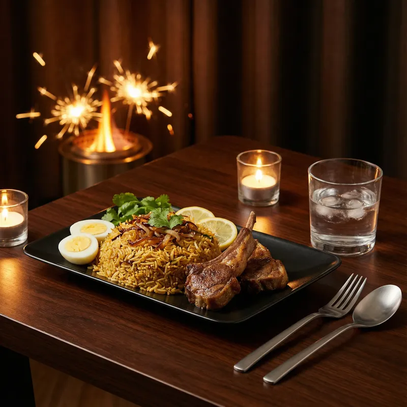Aromatic Biryani with Lamb Chops & Eggs