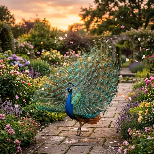 Majestic Peacock Dance in Sunrise Garden