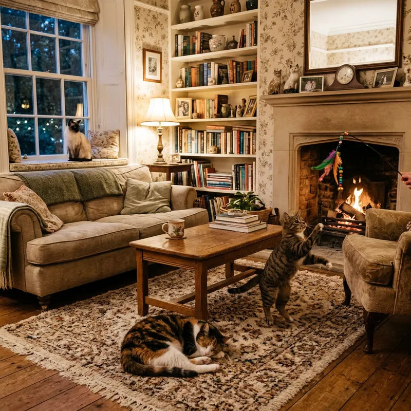 Cute Cat Playing in a Cozy Vintage Living Room Cute Cat Playing in a Cozy Vintage Living Room