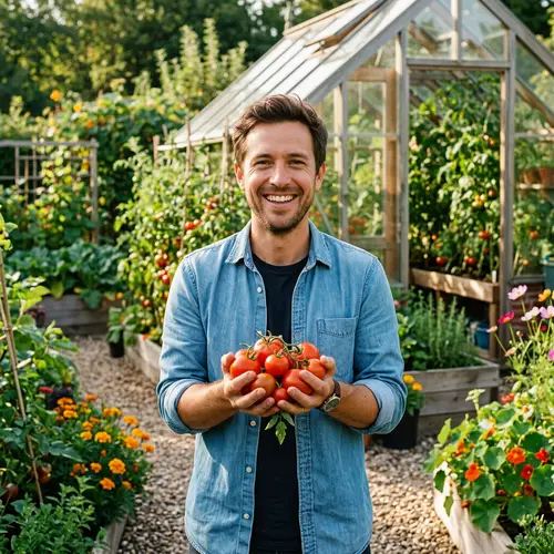 European Man Smiling with Tomatoes in Summer Garden