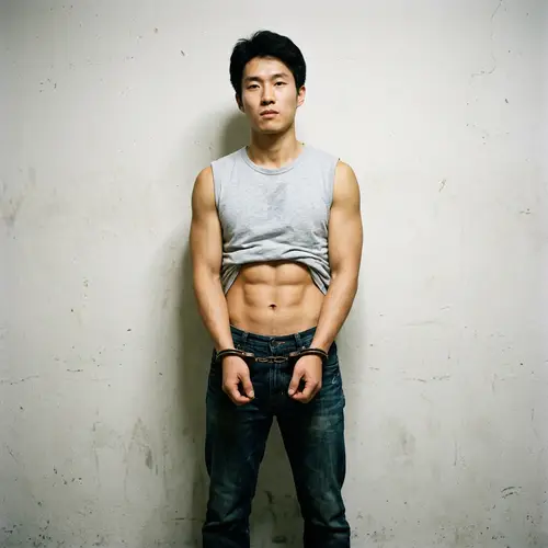 Muscular Asian Man showcasing Six-pack with Handcuffs