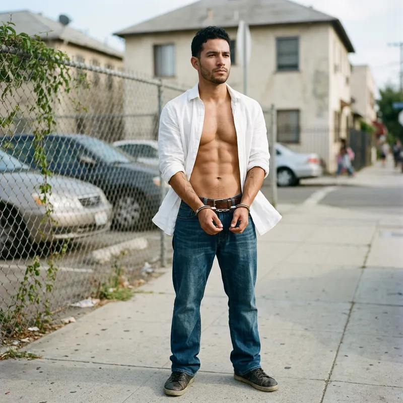 Handcuffed Hispanic Man with Toned Six-Pack | Strong & Stoic Handcuffed Hispanic Man with Toned Six-Pack | Strong & Stoic