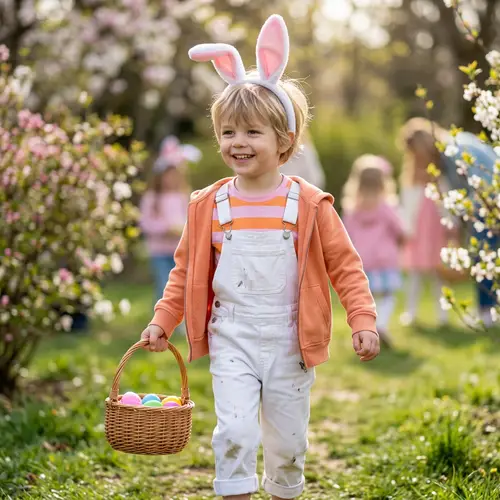 Young Boy with Bunny Ears in Pink, Orange, and White Clothes