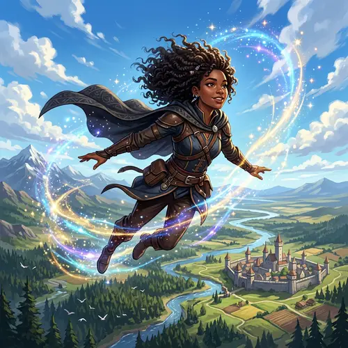 Epic Fantasy Illustration: African Woman Soaring High in Adventure