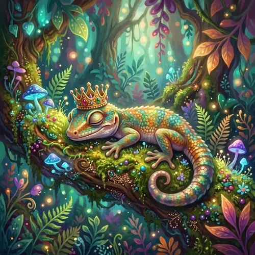 Whimsical Painting of Male Gecko with Golden Crown