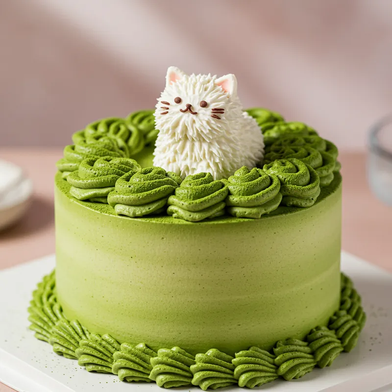 Cat on Green Matcha Cake