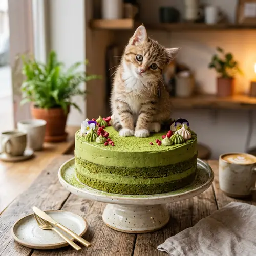 Cat on Green Matcha Cake