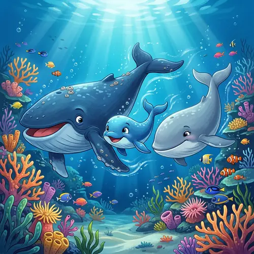Cartoon-Style Whale Family Swimming in Deep Blue Ocean