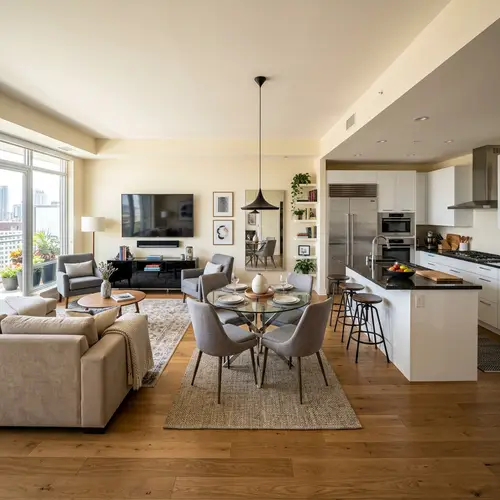 Modern Living Room Design with Entertainment Area, Dining Space, and Spacious Kitchen