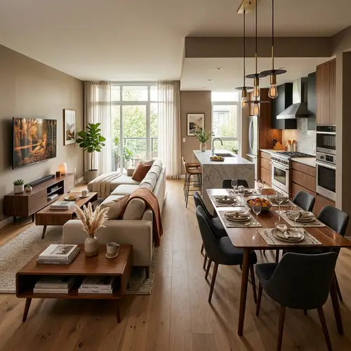 Modern Apartment Living Room with Entertainment Area and Stylish Kitchen