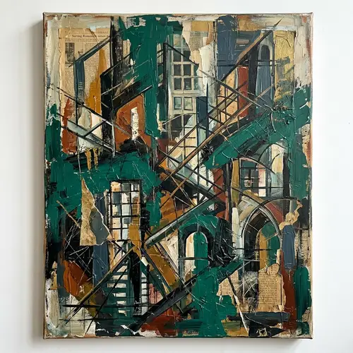 Textured Abstract Mixed Media Artwork in Dark Green