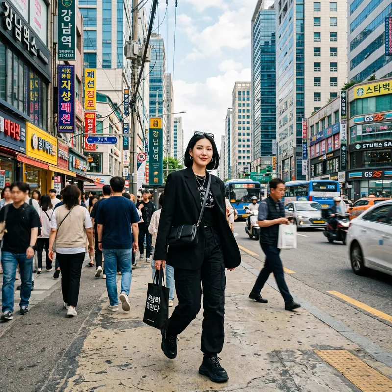 Vibrant Urban Fashion Portrait: Young Korean Girl in the City