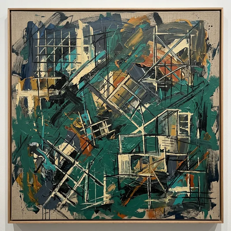 Geometric Abstraction: Dark Green Textured Abstract Art with Architectural Elements